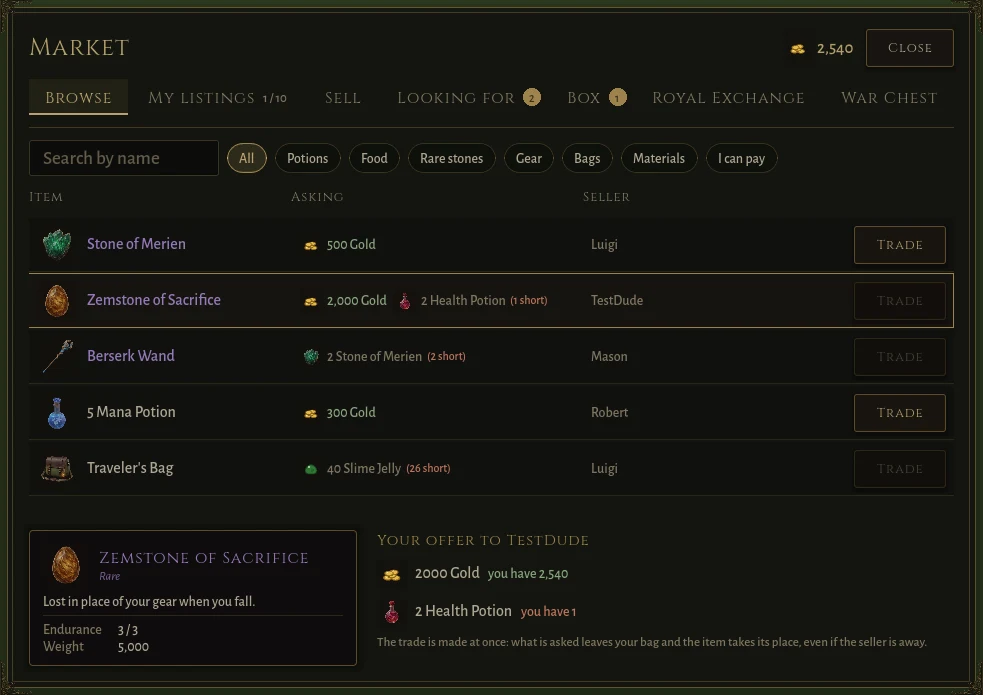 The Market window, Browse tab: listings with their asking prices and a chosen offer