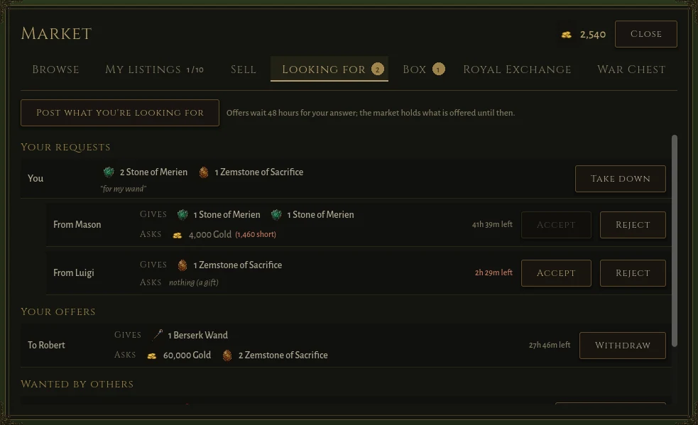 The Market window, Looking For tab: your requests, the offers made to them, and what others want