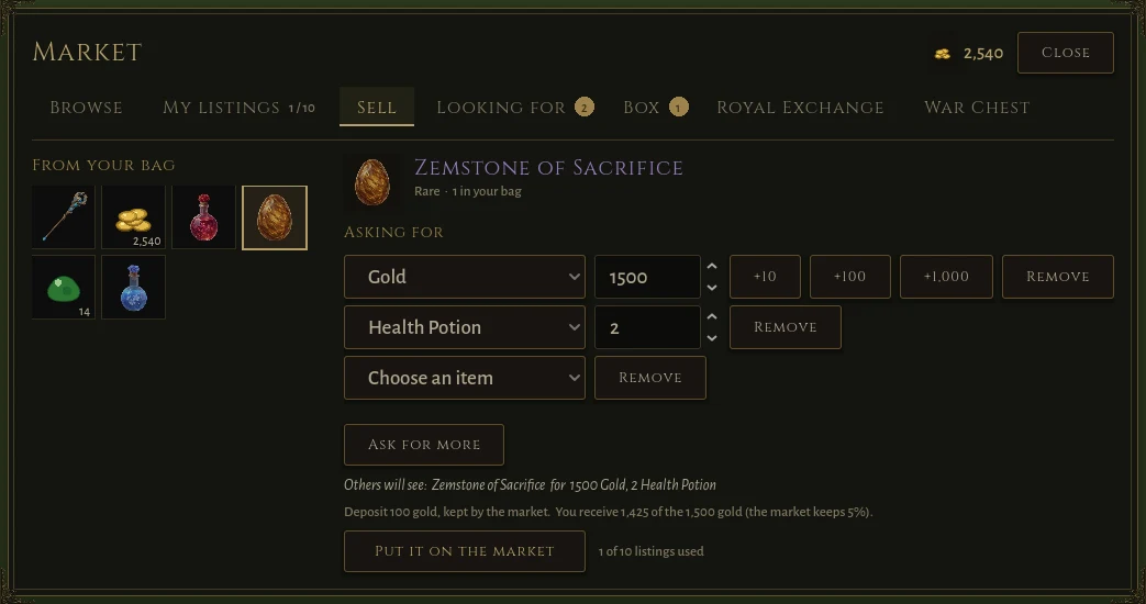 The Market window, Sell tab: the bag as a grid and the asking price being set
