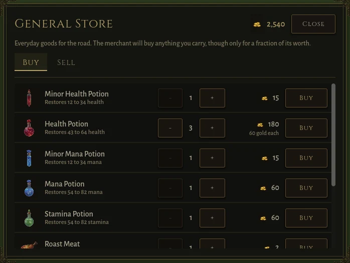 The General Store window, Buy tab: potions, food and bags with their prices
