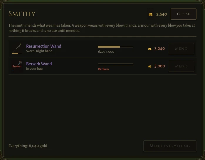 The Smithy window: worn and broken wands with what mending them costs
